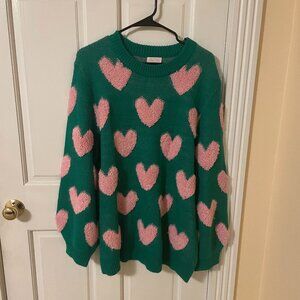 Pink Lily I’ll Be There Green Fuzzy Heart Sweater